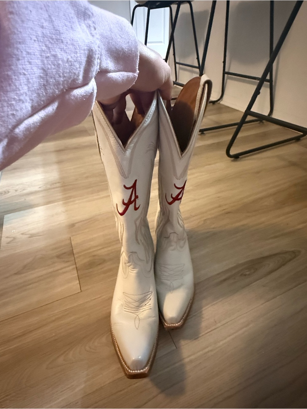 Women's White Western Heeled Boots with Red Script Accent